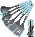 Kitchen Cooking Utensils Set, Non-Stick Spatula Set with Rotating Stand, 6 PCS Silicone Utensils Set for Cooking, 400°F Heat Resistant, Kitchen Gadgets with Nylon Handle & Stable Holder, Grey Blue