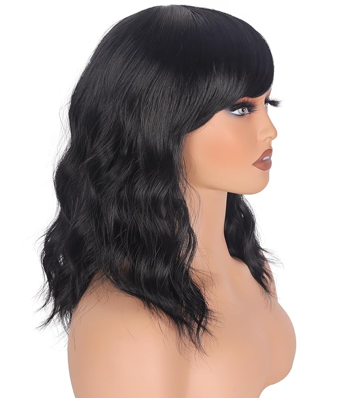 Shoulder Length Natural Black Wavy Bob Wigs For Women Short Wavy Wigs With Bangs Synthetic Wavy Wigs Heat Resistant Daily Use Wigs(Natural Black)