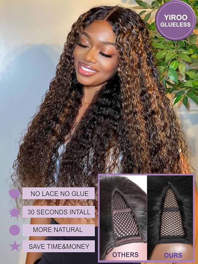YIROO EasiContour V Part Wigs Ombre Brown Glueless Human Hair Upgrade U Part Wig with Dark Roots Highlight V Shape Clip Wigs Beginner Friendly with Drawstring Ready to Wear Chestnut Brown Color 18Inch