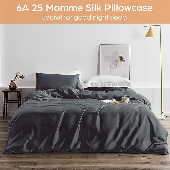 Silk Pillowcase for Hair and Skin, 2 Pack 100% Mulberry Silk Pillowcase 25 Momme, 600 Thread Count, Both Side Pure Silk Pillow Cover with Hidden Zipper (BlackGray, Standard 20''×26'')