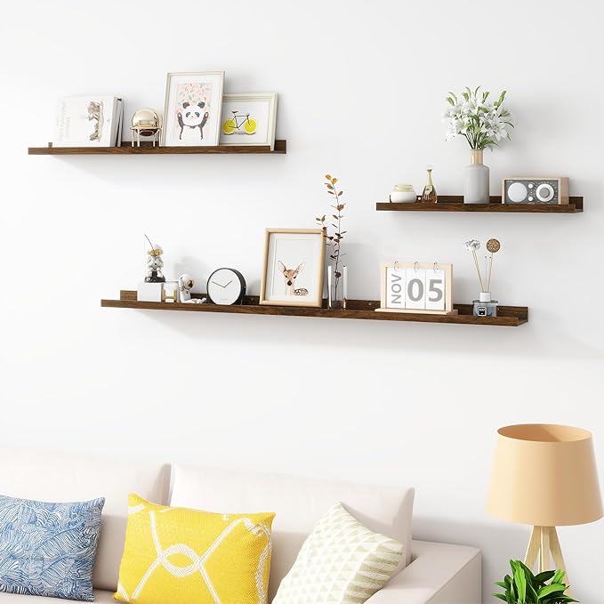 Picture Ledge Shelf, Wood Floating Shelves Set of 2, 36 inch Picture Ledge Shelves, Photo Ledge Nursery Book Shelves Wall Mounted for Living Room Kids' Room Bedroom, Color Walnut