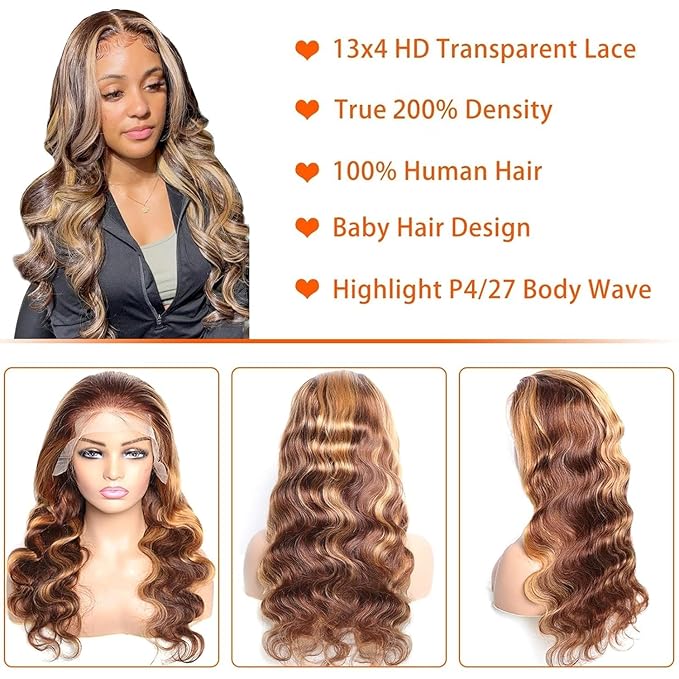 13x4 HD Body Wave Highlight Ombre Lace Front Wig Human Hair Pre Plucked 4/27 Honey Blonde Lace Frontal Wig For Women with Baby Hair 200% Density Glueless Body Wave Colored Lace Front Wig 18 Inch