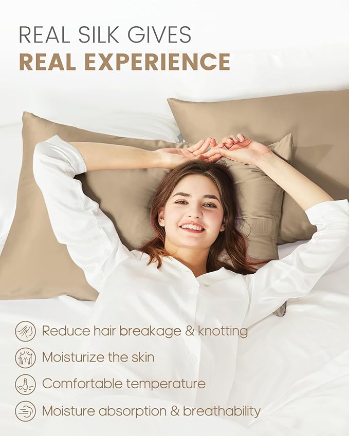 THXSILK 100% Mulberry Silk Pillowcase for Hair and Skin, Grade 6A+ Mulberry Silk Pillow Case, Natural Silk Pillow Case Cover with Zipper, 1pc(California King Size 20"x40", Taupe)