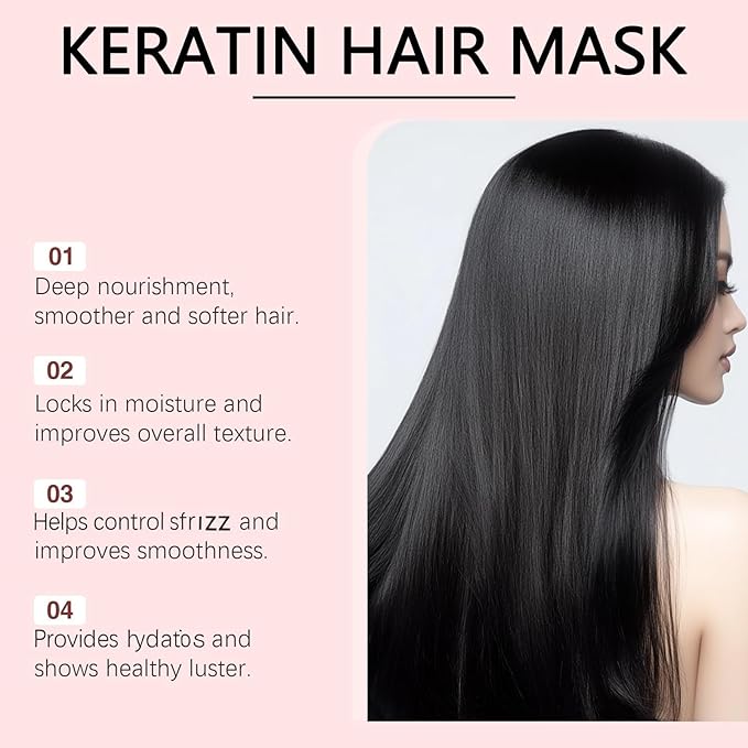 Keratin & Collagen Hair Mask for Dry Damaged Hair - Deep Repair Treatment with Hydrolyzed Keratin, Frizz Control & Split Ends Repair, Moisturizing Hair Care, 3.53 oz (3, pcs)