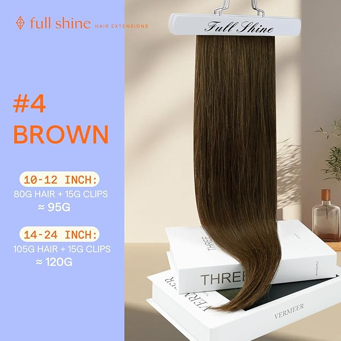 Full Shine Human Hair Clip in Extensions 14 Inch Brown Clip in Hair Extensions Real Human Hair Straight Medium Brown Hair Extensions for Women 7 Pcs 120 G