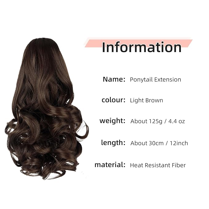 Ponytail Extension, Clip on Ponytails for Women, 12" Claw Clip in Short Curly Wavy Pony Hair Extension for Women - Light Brown