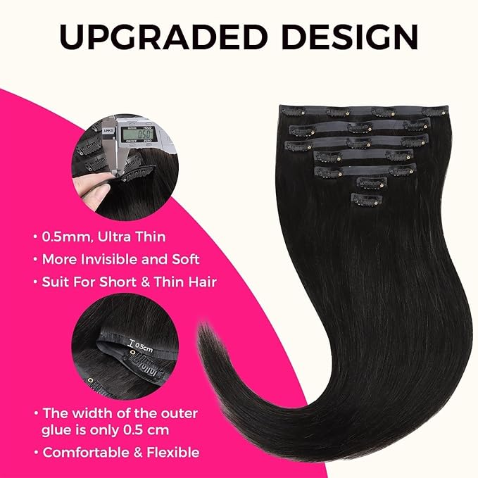 Lashey Yaki Straight Clip Ins 14 Inch 110g 7Pcs Seamless Hair Extensions Real Human hair, Natural Black Clip in Hair Extension for Women Real hair