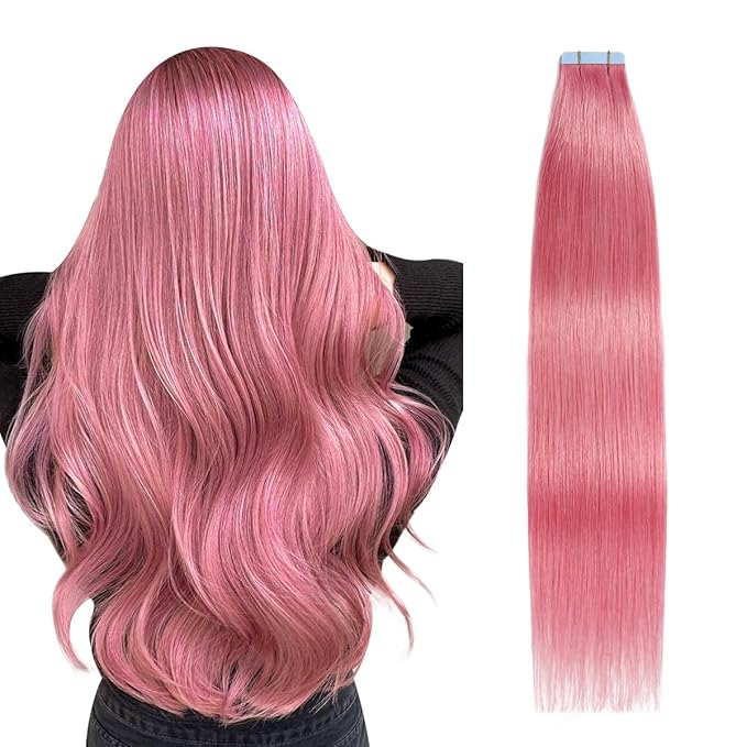 SUYYA Tape in Hair Extensions - Human Hair Hot Pink 12 Inch 10PCS/Pack Straight Tape Extensions 20g