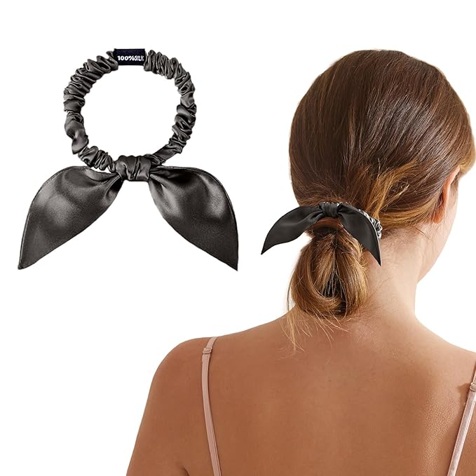 THXSILK Hair Silk Scrunchies with Bow for Women Pure Mulberry Silk Hair Cute Ring Ties Scrunchies for Girls Women's Thick Hair, Charcoal, 2.8"
