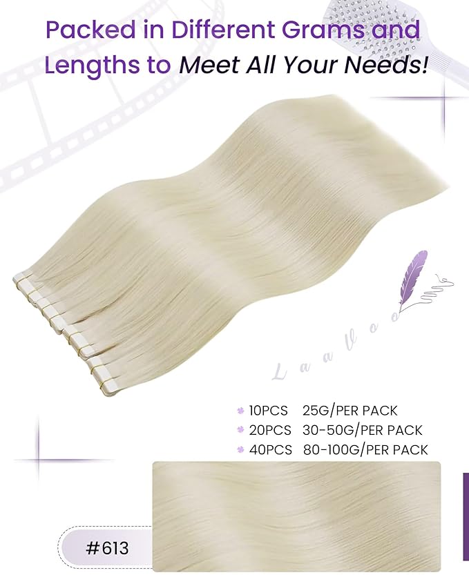 LaaVoo Tape in Hair Extensions Human Hair Blonde Invisible Tape Hair Extensions Real Human Hair Seamless 24 Inch 50g 20pcs