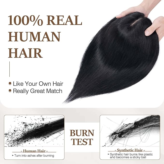 Rich Choices Hair Toppers for Women Real Human Hair 100% Human Remy Toppers NO Bangs for Women with Thinning on Top Clip in Hairpiece 4"x4.7"Lace Base 12 Inch #1 Jet Black
