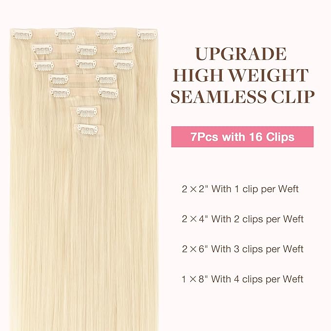 GOO GOO Clip in Hair Extensions Real Human Hair, Remy Human Hair Extensions Clip ins for Women, Natural Human Hair, 16inch 130g 7Pcs, 613R Bleach Blonde