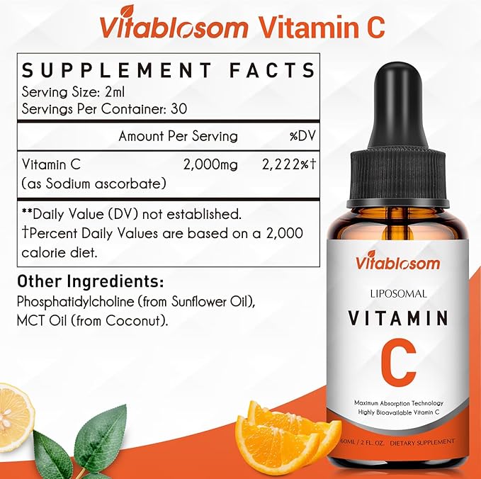 Liposomal Vitamin C Liquid Drops Supplement for Adults, Maximize VIT C, 60ml (1 Bottle)