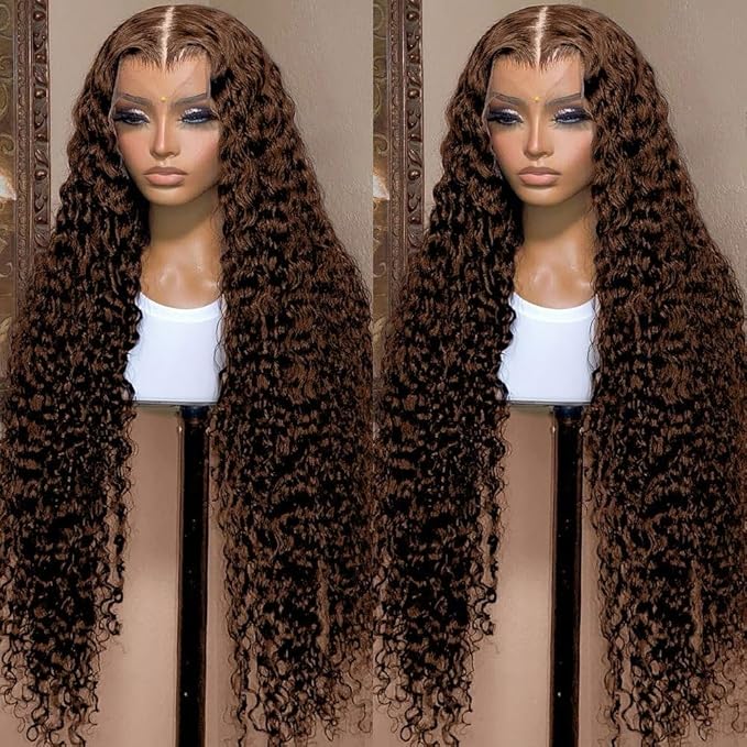 30 Inch Chocolate Brown Deep Wave Lace Front Wigs Human Hair Pre Plucked 200% Density 13x6 HD Lace Frontal Wigs with Baby Hair Deep Curly Wet and Wavy Glueless Wigs for Women (4# Brown, 30 Inch)