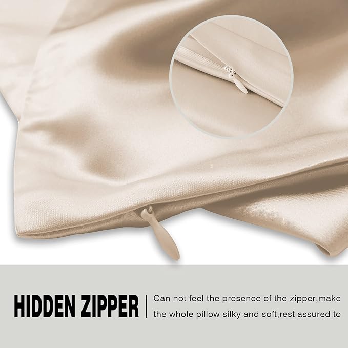 Natural Mulberry Silk Pillowcase for Hair and Skin Queen Size 20"X30" Silk Pillow Case with Hidden Zipper Soft Breathable Smooth Cooling Silk Pillow Covers for Sleeping(Champagne,Queen,1Pcs)