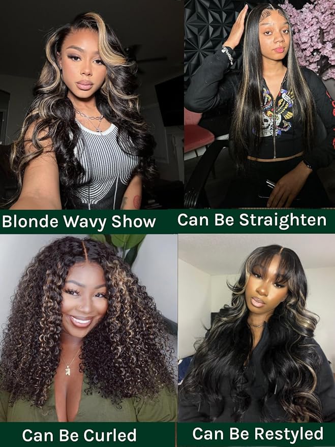 KLAIYI Bye Bye Knots Glueless Wig Human Hair 13x4 Balayage Highlight 3D Body Wave Precut Lace Front Wig with Baby Hair Black Mix Blonde Brown Pre Plucked Pre Bleached Knots Wig 30S Easy to Wear 24Inch