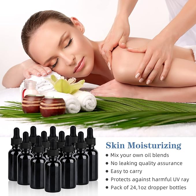 1 oz UV Resistant Dropper Bottle 24 Pack Black Glass Boston Bottles 30ml with Eye Droppers Black Caps for Essential Oils, Perfume, Leak Proof Travel Bottles for Liquids