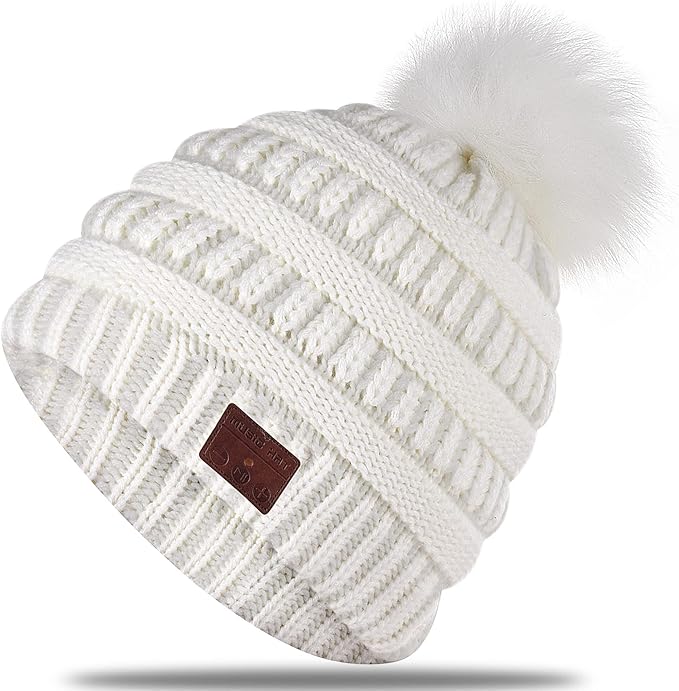 Wireless Music Beanie Women Beanie Girls Hat Over Ear Headset Sports Stereo Headphone with Microphone Speaker Womens Beanie Cap Snow White