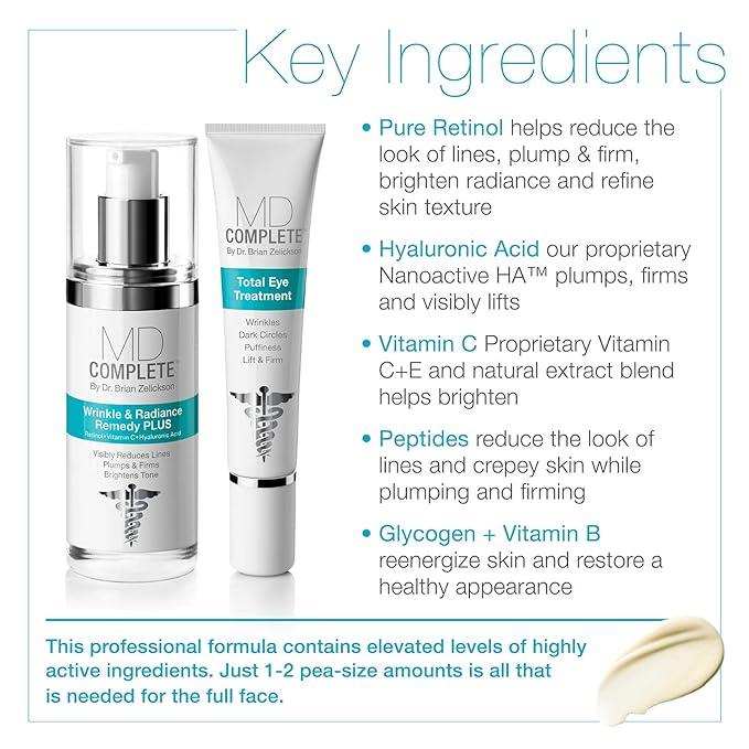 MD Complete Eye Wrinkle Duo | Professional Dermatologist Skin Rejuvenation | includes Wrinkle & Radiance Remedy PLUS with Retinol and Total Eye Treatment with Hyaluronic Acid and Peptides | Set of Two