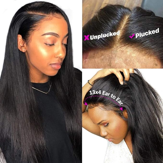 Hermosa 13x4 Lace Front Human Hair Wigs Pre Plucked 12A 220% Density Straight Human Hair Lace Front Wigs with Baby Hair for Women Natural Hairline Natural Color 16 inch
