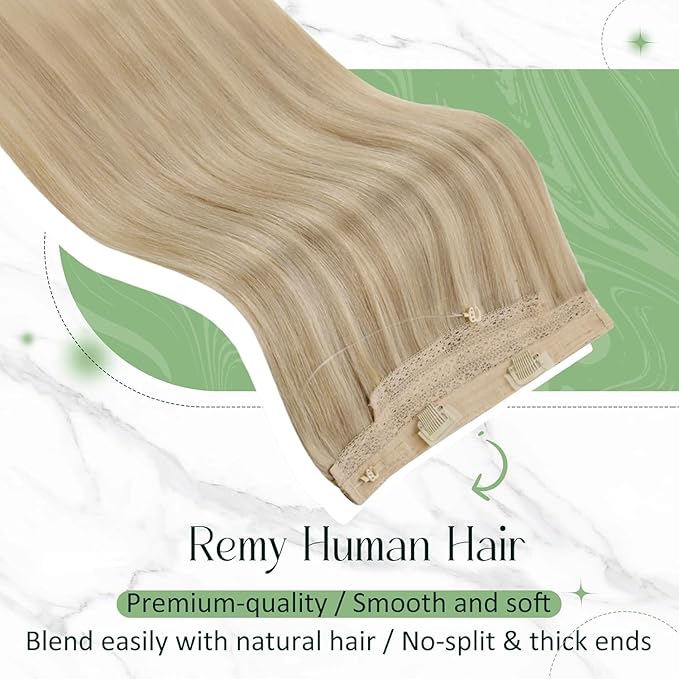 RUNATURE Invisible Wire Hair Extensions Real Human Hair with Transparent Wire, Fish Line Hair Extensions, Remy Soft Natural Hairpieces, Easy to Apply, 18 Inch 80g #16P22 Dark Ash Blonde Highlights