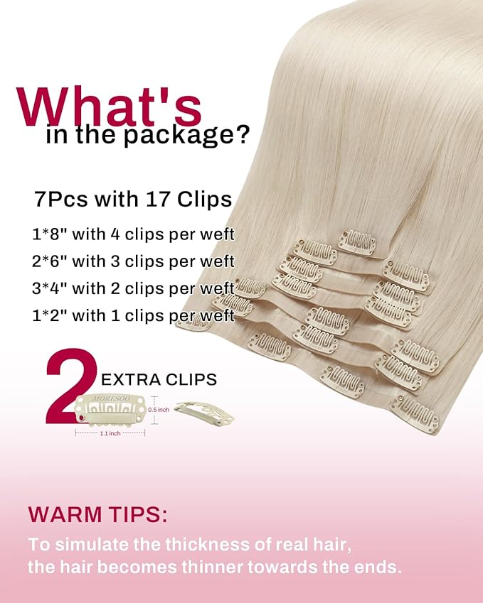 Moresoo Seamless Blonde Clip in Hair Extensions Human Hair White Platinum Blonde Human Hair Clip in Extensions for Long 22 Inch Pure Weft 120g/7pcs