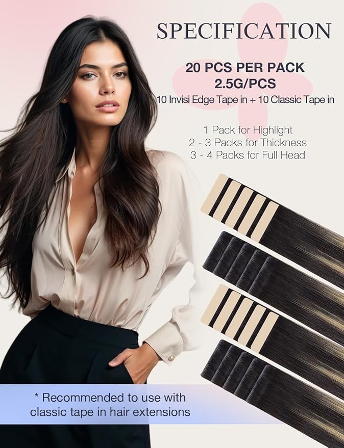 DOORES Invisi Edge Human Hair Extensions Tape in, Natural Black to Light Blonde 10 Injection Tape-ins with 10 Classic Tape-ins 50g 22 Inch, Injected Tape in Extensions Virgin Human Hair