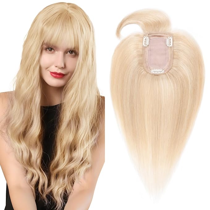 SEGO Hair Toppers for Women Real Human Hair with Thinning Hair, Toppers Hair Pieces Clip in Toppers Straight Hair Pieces with Front Bangs -8 Inches #18/613 Ash Blonde Mix Bleach Blonde