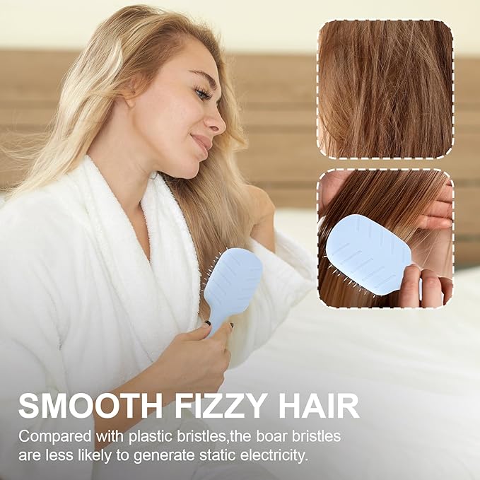 Mini Boar Bristles Hair Bursh, Travel Size Hair Brush for Women Men Kids, Protable Small Hair Brush for Pockets Purses, Mini Detangler Brush for Smooth Add Shine(Blue)