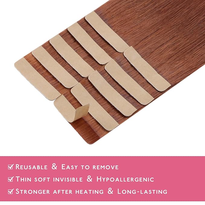 WENNALIFE Tape in Hair Extensions - Human Hair Dark Auburn Copper, 10pcs 30g 22 inch Remy Invisible Tape Ins Straight Colored Soft Real Human Hair Refill Set