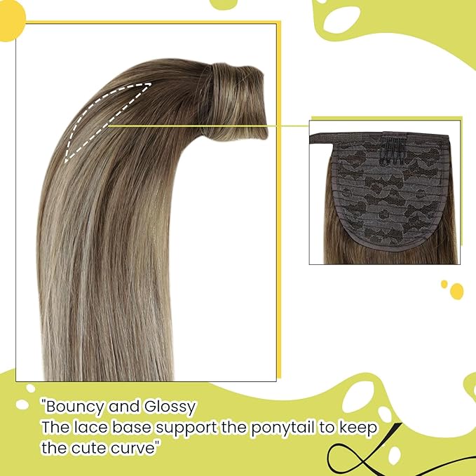 RUNATURE Ponytail Extension Human Hair Balayage Blonde Short Ponytail Human Hair Extensions Clips 12 Inch 70g Ombre Walunt Brown Fading to Ash Brown with Light Blonde Pony Tail Hair Extension Short