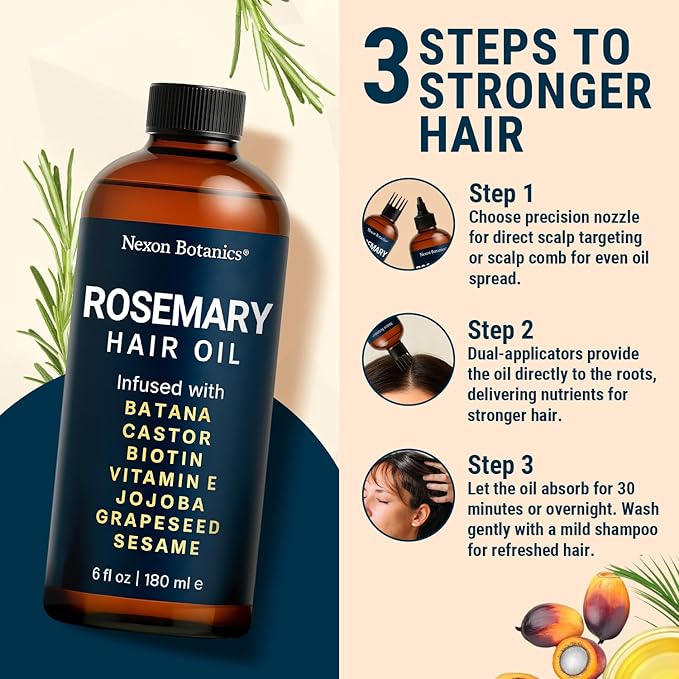 Rosemary Oil for Hair Growth 6 fl oz - Nourishing Blend for Frizz Control, Scalp Refresh & Stronger Hair - Aceite de Romero Para el Cabello - Nexon Botanics