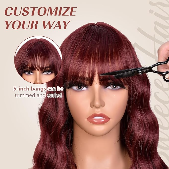 Wine Red Wig With Bangs Wave Bob Wigs for Women 14 Inch Short Loose Wavy Heat Resistant Synthetic Wig Shoulder Length Hair for Daily and Cospaly Party Use