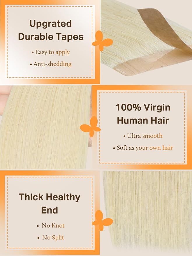 DOORES Tape in Hair Extensions Platinum Blonde 24 Inch 50g 20pcs Remy Human Hair Extensions Tape in Real Hair Skin Weft Hair Extensions Straight