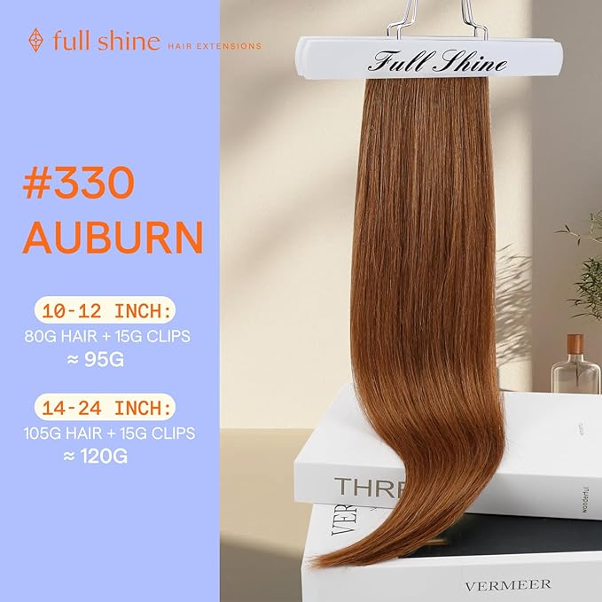 Full Shine Clip on Hair Extensions Human Hair Auburn Short Hair Extensions Clip ins Invisible Triple Weft 10 Inch 95 G 7 Pcs