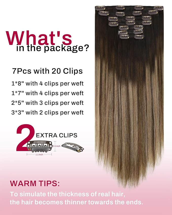 Moresoo Clip in Hair Extensions Human Hair Remy Dark Brown to Golden Brown with Dark Honey Blonde Balayage Human Hair Extensions Clip ins Remy Thick Pure Skin 135g/7pcs 16 Inch