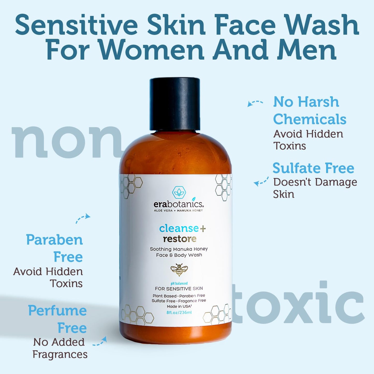 Era Organics Manuka Honey Face Wash for Women, Men - Sulfate Free Moisturizing Cleanser, Organic Aloe Vera - Soothing Plus Gentle on Dry Skin Facial Cleanser Made in USA - 8oz