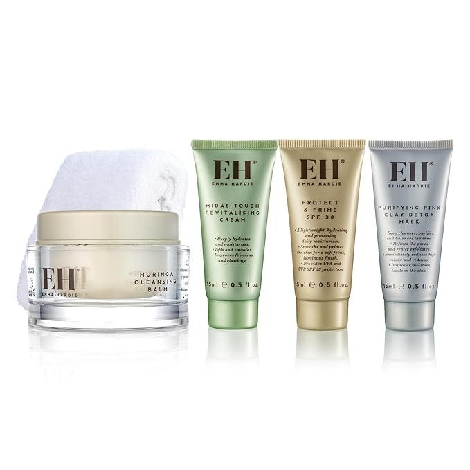 Emma Hardie Cleanse, Hydrate & Protect Gift Set: 30ml Moringa Cleansing Balm, 30ml Midas Touch Revitalising Cream & 15ml Protect & Prime SPF30 Sunscreen Face Moisturiser, Natural & Cruelty Free