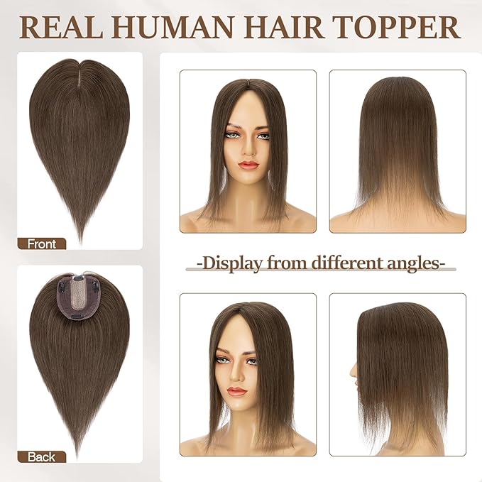 Rich Choices Hair Toppers for Women Real Human Hair 100% Human Remy Toppers NO Bangs for Women with Thinning on Top Clip in Hairpiece 4"x4.7"Lace Base 10 Inch #2R Chocolate Brown