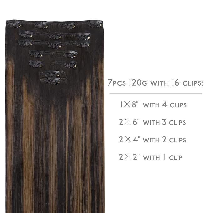 WENNALIFE Clip in Hair Extensions Real Human Hair, 22 Inch 130g 7pcs Remy Hair, Balayage Natural Black to Chestnut Brown Straight Natural Extensiones De Cabello Humano Con Clip Ins
