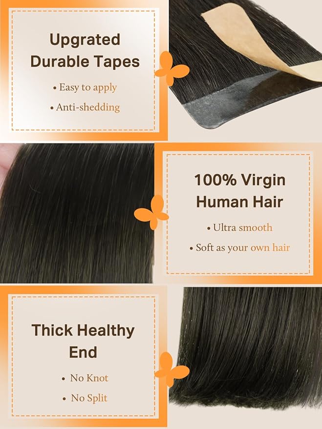 DOORES Real Human Hair Extensions - Mocha Brown, 26 Inch, 40pcs 120g Tape in Straight Remy Hair, Skin Weft