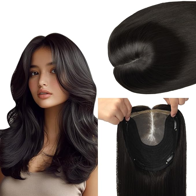 HAIR 16 Inch Toppers for Women Real Human Hair Natural Black color 150 Density 6x7inch Silk Base 75 grams All Remy Human Hair Wiglets Hairpieces for Thinning Hair (#1B 16inch)