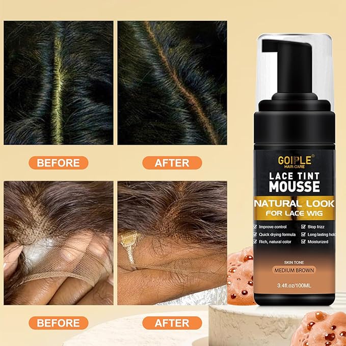Lace Tint Lace Melting Hair Mousse for Women's Wigs and Hairpieces - Natural Finishing Tint Spray Tool Set (Medium Brown)