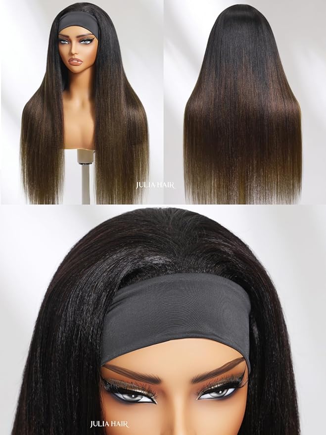 Julia Hair 12A Headband Wig Human Hair Yaki Straight Glueless None Lace Half Wig With Pre-attached Scarf Ombre Chestnut Brown Highlight With Dark Roots for Black Women Put on and Go 16 Inch
