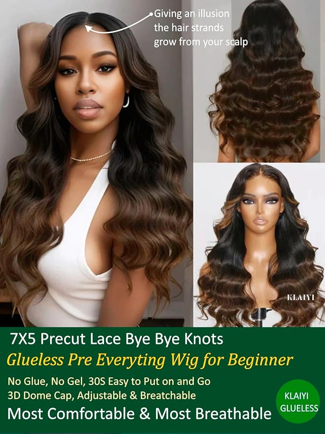 KLAIYI Ombre Brown Body Wave Bye Bye Knots Glueless Wig Pre Cut Lace Front Wigs Human Hair Chestnut Brown Loose Wave Pre Bleached Pre Plucked Wear and Go Wig with Dark Roots 30S Ready to Go Wig 24Inch