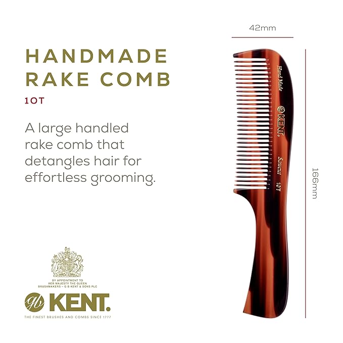Kent 10T Tortoise Large Detangler Comb, Handmade Wide Tooth Comb for Curly and Thick Hair, Detangling Combs For Wet and Dry Hair, Saw-Cut and Hand Polished Handmade in England