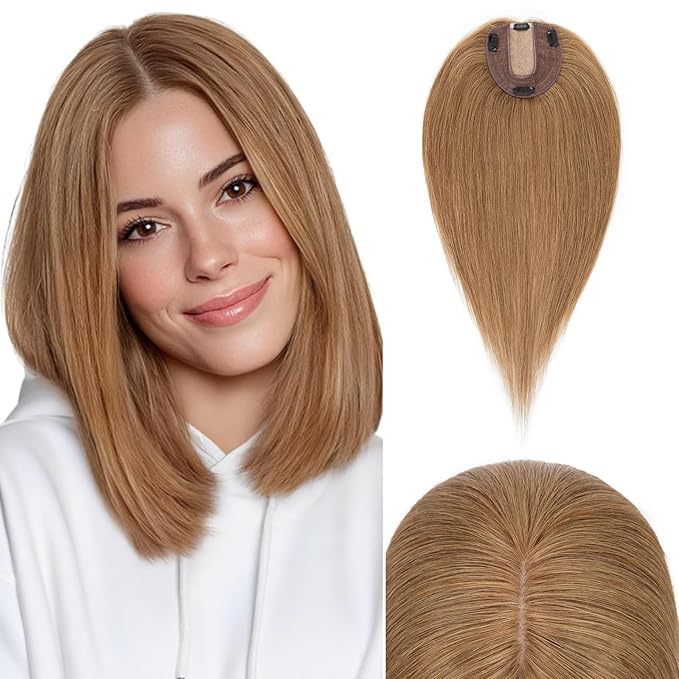 Rich Choices Hair Toppers for Women Real Human Hair 100% Human Remy Toppers NO Bangs for Women with Thinning on Top Clip in Hairpiece 4"x4.7"Lace Base 10 Inch #6 Light Brown