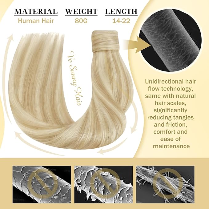 Ve Sunny Hair Extensions Ponytail Real Human Hair Wrap Around Clip in Ponytail Hair Extensions Straight Extensions Human Hair for Women Strawberry Honey Blonde Highlights Bleach Blonde 20inch 80G