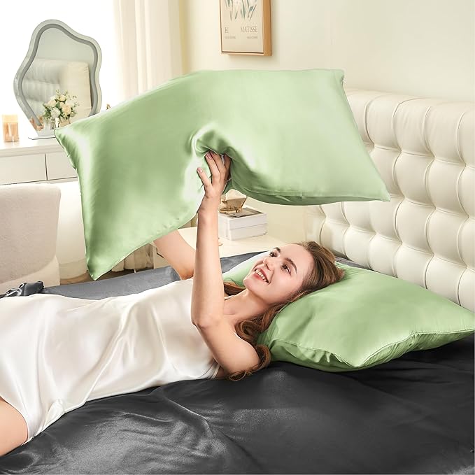 INFIIXSO Mulberry Silk Pillowcase for Hair and Skin, Silk Pillow Cases Queen Size Set of 2 with Hidden Zipper 20"x30", Ultra Smooth and Soft Cooling Pillow Cases for Hot Sleepers(Sage Green, 2 Pack)