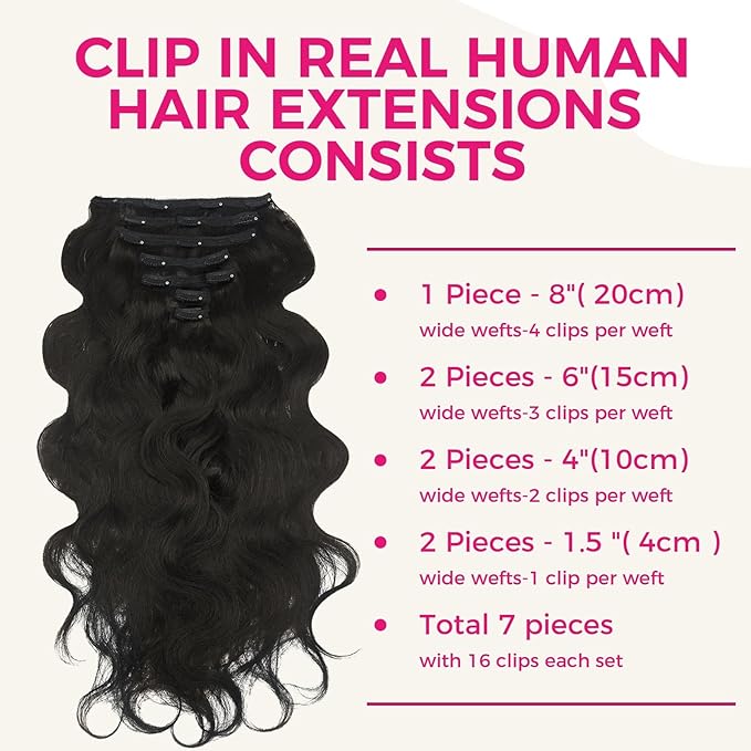 Lashey Body Wave Clip in Hair Extensions for Women 26 Inch 7pcs 120g Natural Black Clip in Hair Extensions with Lace Weft Long Remy Human Hair Extensions